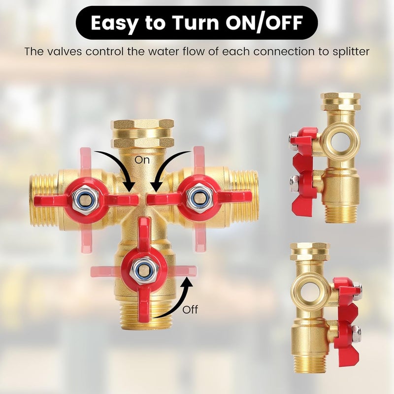 Finest Garden Hose Splitter 3 Way, Heavy Duty 3-Way Brass Valve Garden Hose Splitter With Stainless Steel Long Handle, Full Flow Hose Splitter Connector, Valve 3/4 Inch GHT Thread - Image 5